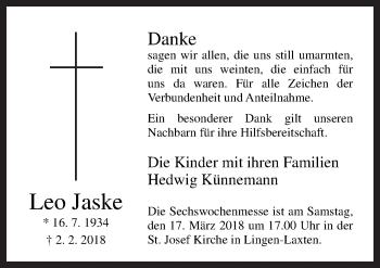 Traueranzeige von Leo Jaske von Neue Osnabrücker Zeitung GmbH & Co. KG