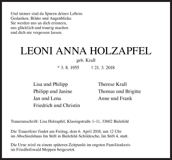 Traueranzeige von Leoni Anna Holzapfel von Neue Osnabrücker Zeitung GmbH & Co. KG