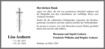 Traueranzeige von Lisa Asshorn von Neue Osnabrücker Zeitung GmbH & Co. KG
