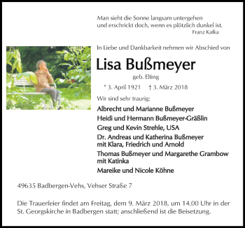 Traueranzeige von Lisa Bußmeyer von Neue Osnabrücker Zeitung GmbH & Co. KG