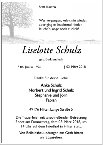 Traueranzeige von Liselotte Schulz von Neue Osnabrücker Zeitung GmbH & Co. KG