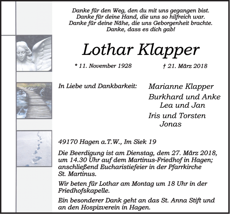  Traueranzeige für Lothar Klapper vom 24.03.2018 aus Neue Osnabrücker Zeitung GmbH & Co. KG