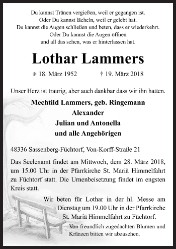Traueranzeige von Lothar Lammers von Neue Osnabrücker Zeitung GmbH & Co. KG