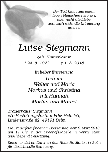 Traueranzeige von Luise Siegmann von Neue Osnabrücker Zeitung GmbH & Co. KG