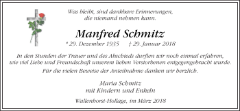 Traueranzeige von Manfred Schmitz von Neue Osnabrücker Zeitung GmbH & Co. KG