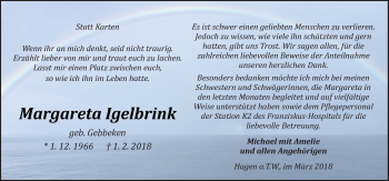 Traueranzeige von Margareta Igelbrink von Neue Osnabrücker Zeitung GmbH & Co. KG