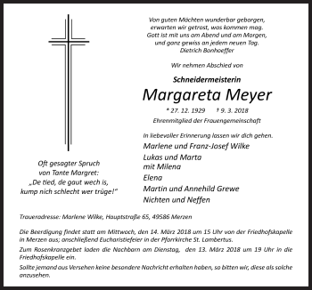 Traueranzeige von Margareta Meyer von Neue Osnabrücker Zeitung GmbH & Co. KG