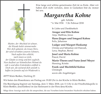 Traueranzeige von Margaretha Kohne von Neue Osnabrücker Zeitung GmbH & Co. KG