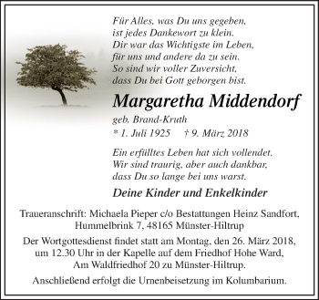 Traueranzeige von Margaretha Middendorf von Neue Osnabrücker Zeitung GmbH & Co. KG