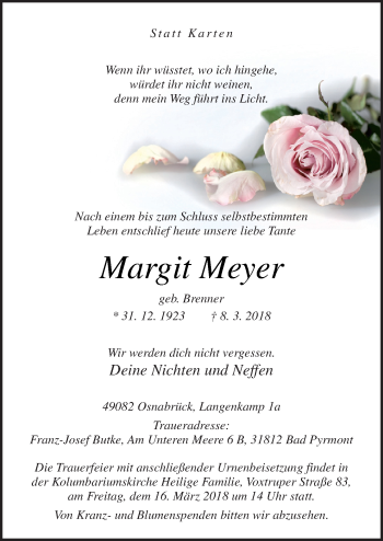 Traueranzeige von Margit Meyer von Neue Osnabrücker Zeitung GmbH & Co. KG