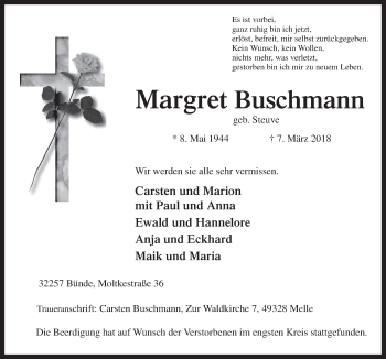 Traueranzeige von Margret Buschmann von Neue Osnabrücker Zeitung GmbH & Co. KG