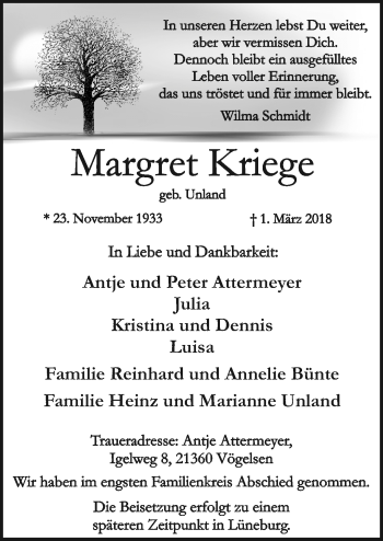 Traueranzeige von Margret Kriege von Neue Osnabrücker Zeitung GmbH & Co. KG