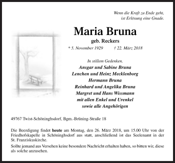 Traueranzeige von Maria Bruna von Neue Osnabrücker Zeitung GmbH & Co. KG