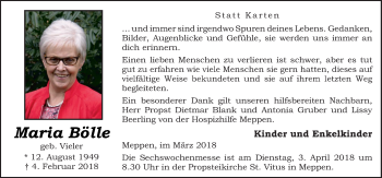 Traueranzeige von Maria Bölle von Neue Osnabrücker Zeitung GmbH & Co. KG
