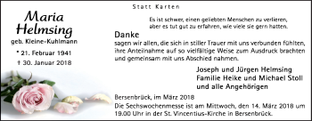 Traueranzeige von Maria Helmsing von Neue Osnabrücker Zeitung GmbH & Co. KG