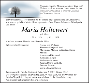 Traueranzeige von Maria Holtewert von Neue Osnabrücker Zeitung GmbH & Co. KG