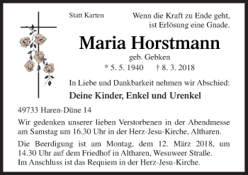 Traueranzeige von Maria Horstmann von Neue Osnabrücker Zeitung GmbH & Co. KG