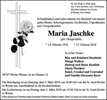 Traueranzeige von Maria Jaschke von Neue Osnabrücker Zeitung GmbH & Co. KG