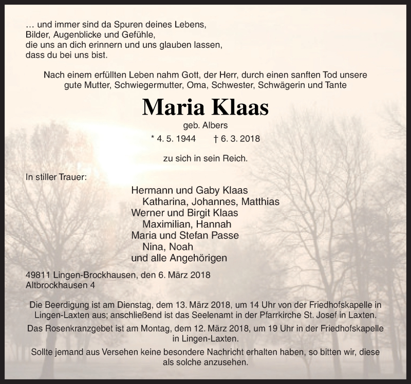  Traueranzeige für Maria Klaas vom 10.03.2018 aus Neue Osnabrücker Zeitung GmbH & Co. KG