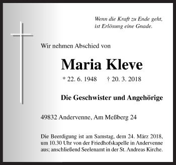 Traueranzeige von Maria Kleve von Neue Osnabrücker Zeitung GmbH & Co. KG