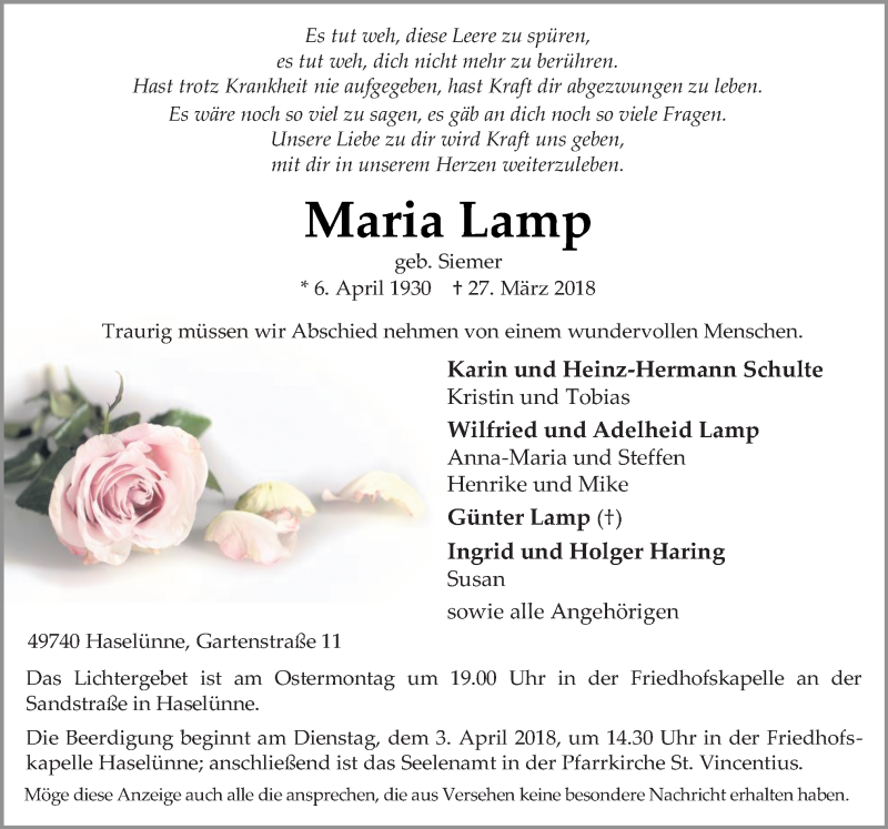  Traueranzeige für Maria Lamp vom 29.03.2018 aus Neue Osnabrücker Zeitung GmbH & Co. KG