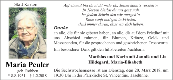 Traueranzeige von Maria Peuler von Neue Osnabrücker Zeitung GmbH & Co. KG