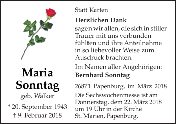 Traueranzeige von Maria Sonntag von Neue Osnabrücker Zeitung GmbH & Co. KG