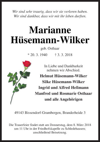 Traueranzeige von Marianne Hüsemann-Wilker von Neue Osnabrücker Zeitung GmbH & Co. KG