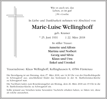 Traueranzeige von Marie-Luise Wellinghoff von Neue Osnabrücker Zeitung GmbH & Co. KG