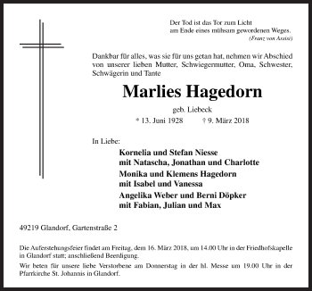 Traueranzeige von Marlies Hagedorn von Neue Osnabrücker Zeitung GmbH & Co. KG