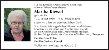 Traueranzeige von Martha Kiewel von Neue Osnabrücker Zeitung GmbH & Co. KG