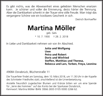 Traueranzeige von Martina Möller von Neue Osnabrücker Zeitung GmbH & Co. KG