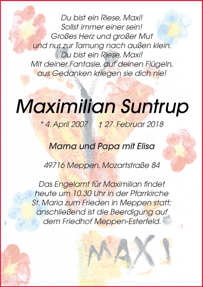  Traueranzeige für Maximilian Suntrup vom 01.03.2018 aus Neue Osnabrücker Zeitung GmbH & Co. KG