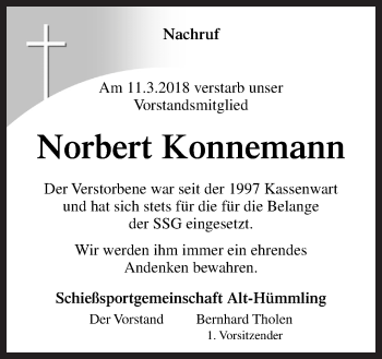 Traueranzeige von Norbert Konnemann von Neue Osnabrücker Zeitung GmbH & Co. KG