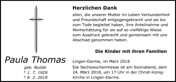 Traueranzeige von Paula Thomas von Neue Osnabrücker Zeitung GmbH & Co. KG