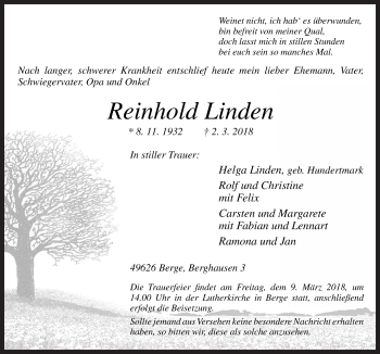 Traueranzeige von Reinhold Linden von Neue Osnabrücker Zeitung GmbH & Co. KG