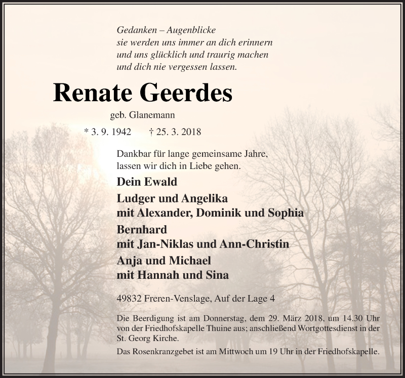  Traueranzeige für Renate Geerdes vom 27.03.2018 aus Neue Osnabrücker Zeitung GmbH & Co. KG