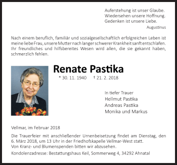 Traueranzeige von Renate Pastika von Neue Osnabrücker Zeitung GmbH & Co. KG