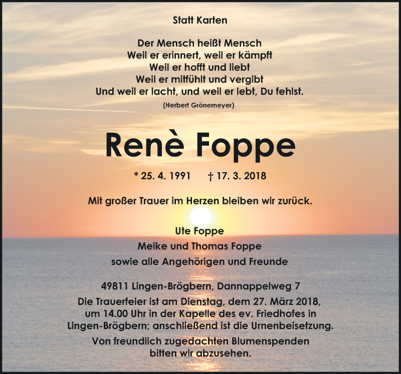  Traueranzeige für Rene Foppe vom 24.03.2018 aus Neue Osnabrücker Zeitung GmbH & Co. KG