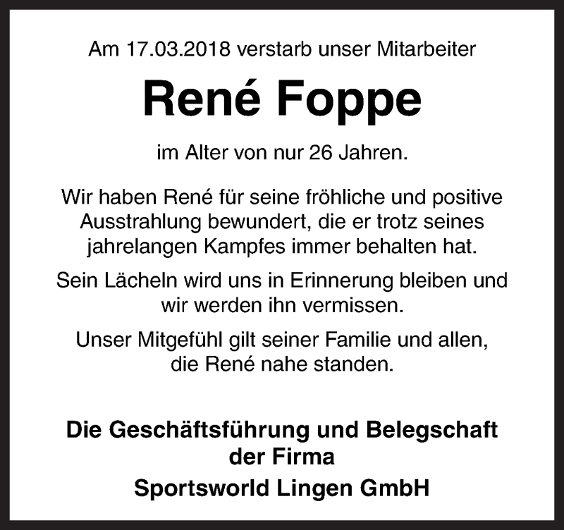  Traueranzeige für Rene Foppe vom 27.03.2018 aus Neue Osnabrücker Zeitung GmbH & Co. KG