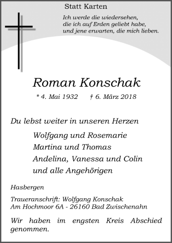 Traueranzeige von Roman Konschak von Neue Osnabrücker Zeitung GmbH & Co. KG