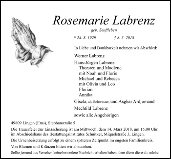 Traueranzeige von Rosemarie Labrenz von Neue Osnabrücker Zeitung GmbH & Co. KG