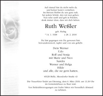 Traueranzeige von Ruth Weßler von Neue Osnabrücker Zeitung GmbH & Co. KG