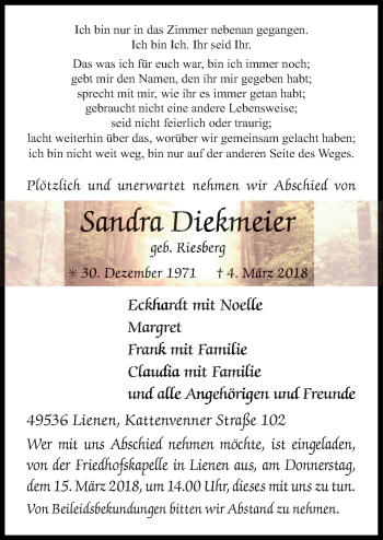 Traueranzeige von Sandra Diekmeier von Neue Osnabrücker Zeitung GmbH & Co. KG