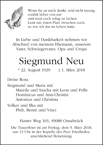 Traueranzeige von Siegmund Neu von Neue Osnabrücker Zeitung GmbH & Co. KG