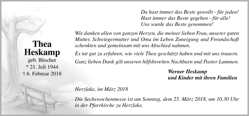  Traueranzeige für Thea Heskamp vom 22.03.2018 aus Neue Osnabrücker Zeitung GmbH & Co. KG