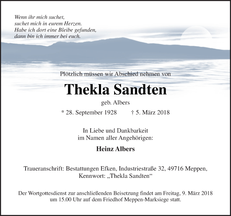  Traueranzeige für Thekla Sandten vom 07.03.2018 aus Neue Osnabrücker Zeitung GmbH & Co. KG