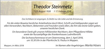 Traueranzeige von Theodor Steinmetz von Neue Osnabrücker Zeitung GmbH & Co. KG