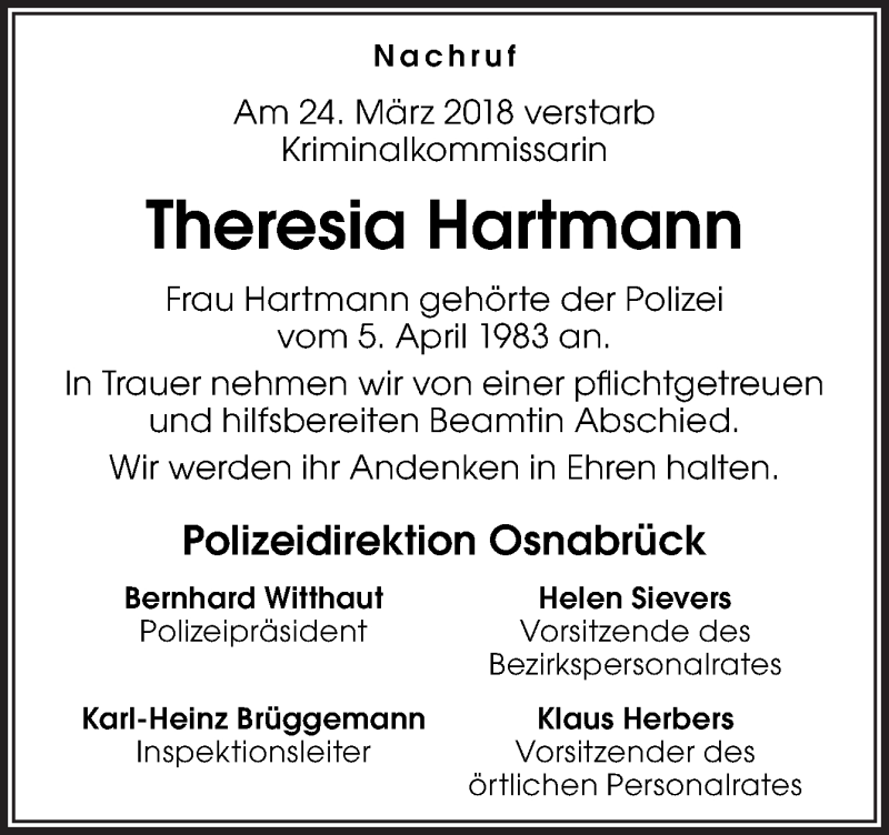  Traueranzeige für Theresia Hartmann vom 28.03.2018 aus Neue Osnabrücker Zeitung GmbH & Co. KG