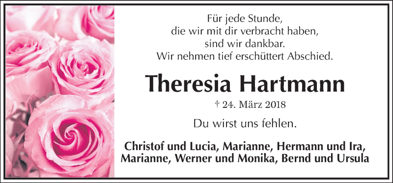  Traueranzeige für Theresia Hartmann vom 29.03.2018 aus Neue Osnabrücker Zeitung GmbH & Co. KG